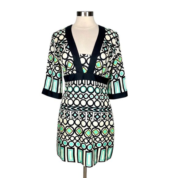Milly New York Womens Silk Geometric Print Dress Ivory Black Aqua Blue size 10 - Picture 1 of 12